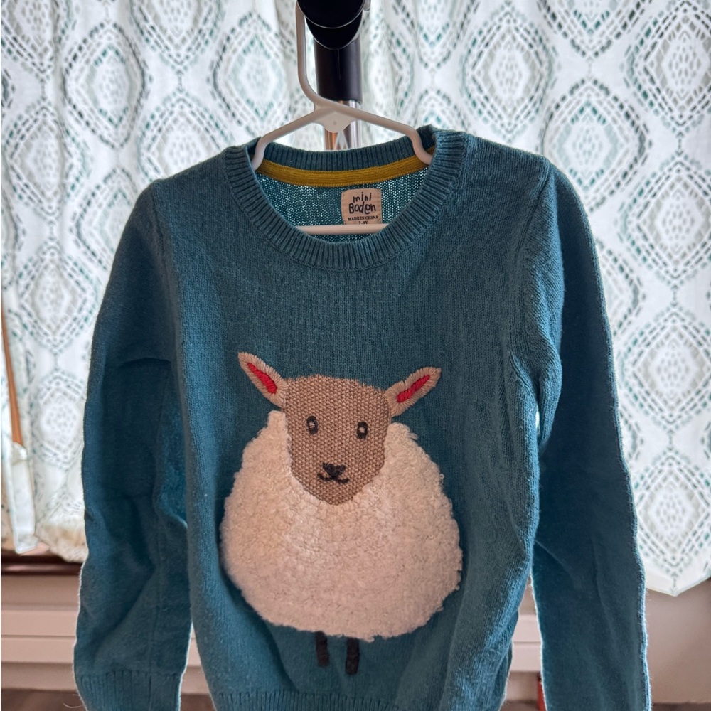 Boden Teal Blue Girls' Lamb Intarsia Crew Sweater